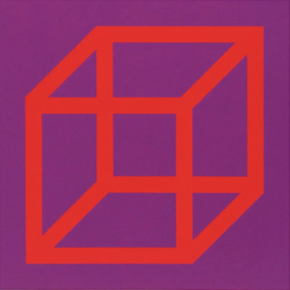 Linocut Lewitt - Cubes in Color on Color (Purple/Red)