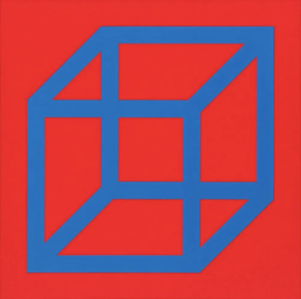 Linocut Lewitt - Cubes in Color on Color (Red/Blue)