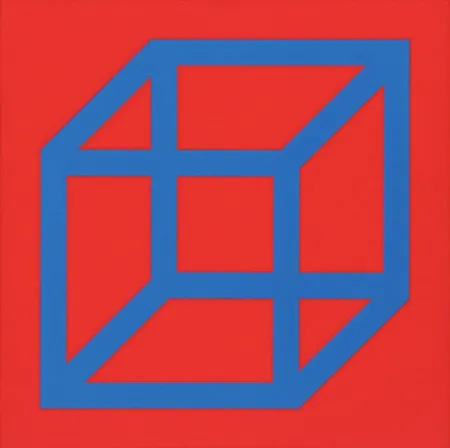 Linocut Lewitt - Cubes in Color on Color (Red/Blue)
