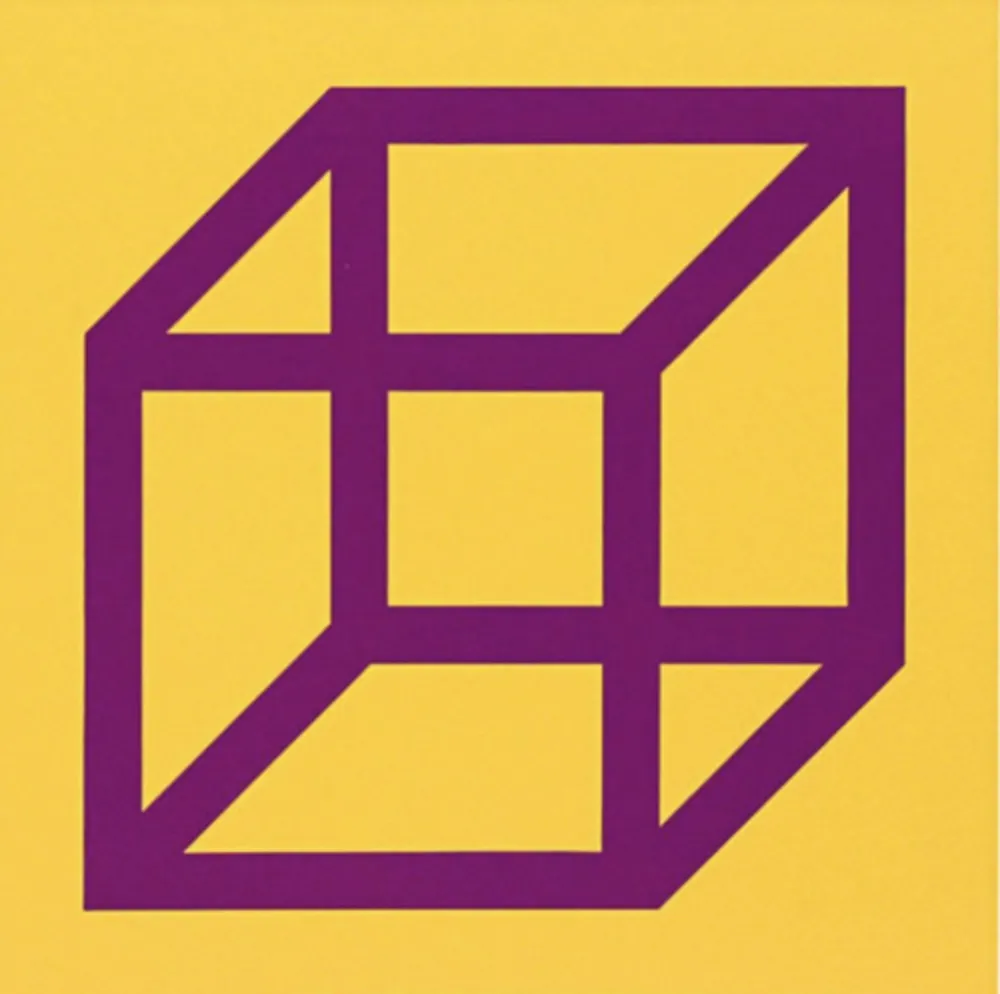 Linocut Lewitt - Cubes in Color on Color (Yellow/Purple)