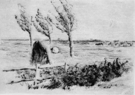 Drypoint Liebermann - Landschaft mit Zaun
