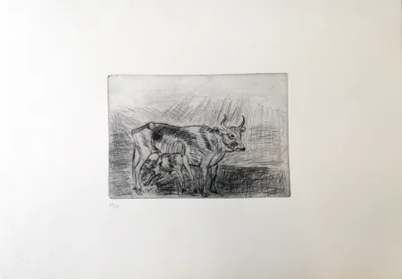 Drypoint Ligabue - Vaccarella con vitello