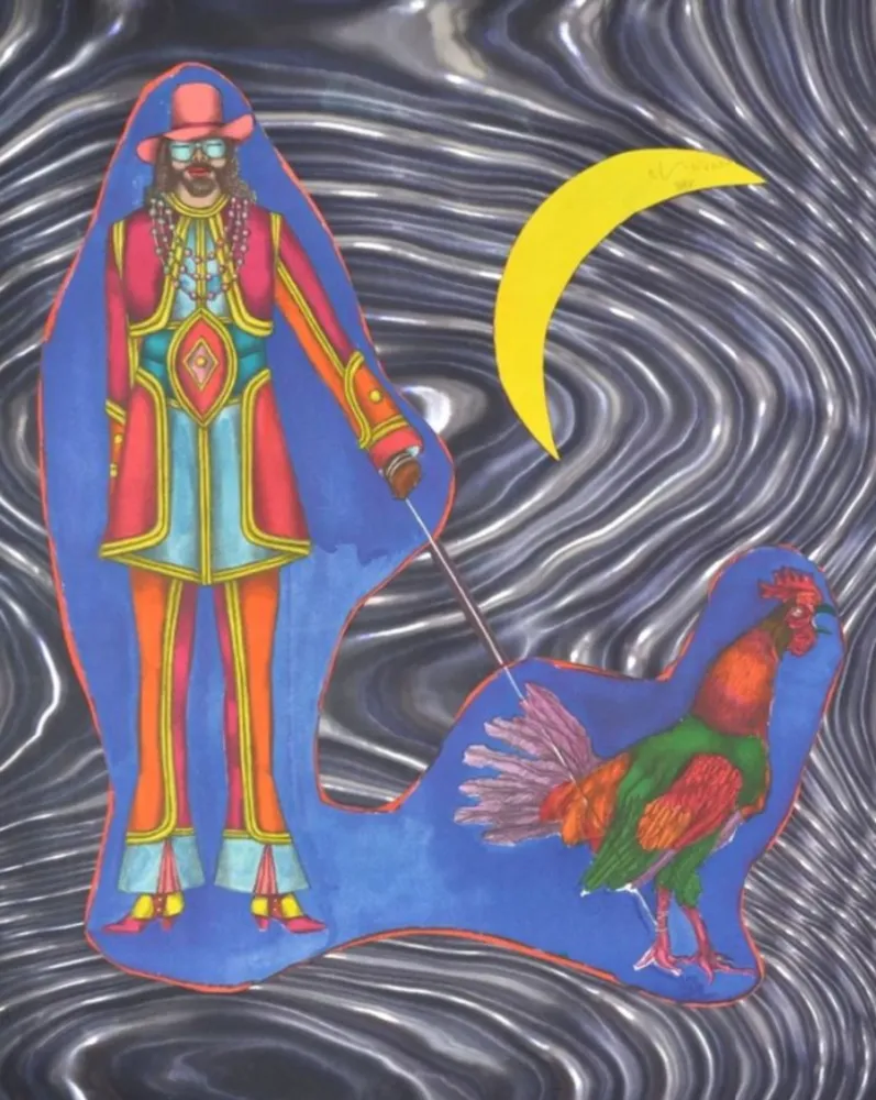 Lithograph Lindner - Man Walking a Rooster