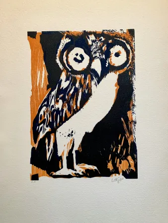 Woodcut Lorjou - Les animaux  : Chouette orange
