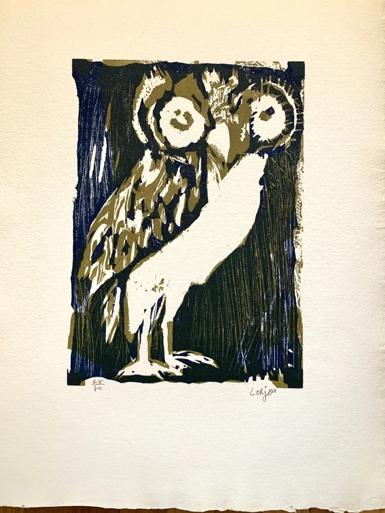 Woodcut Lorjou -  Les animaux : Chouette verte 