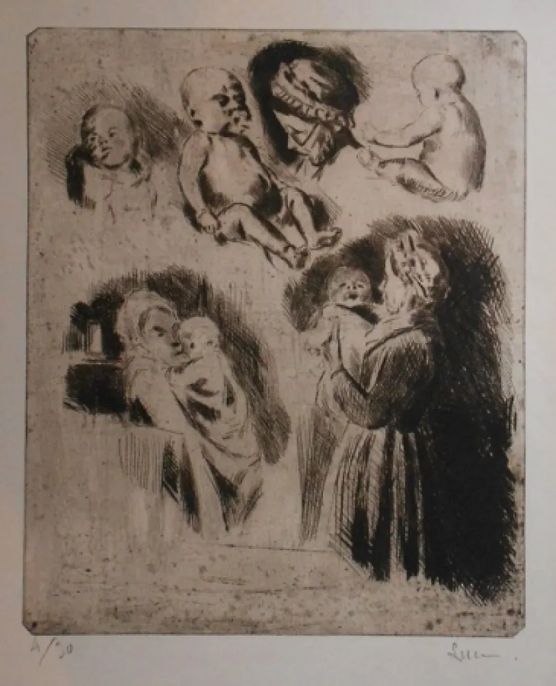 Drypoint Luce - Etudes de la tante Octavie et d'un bébé (grande planche)