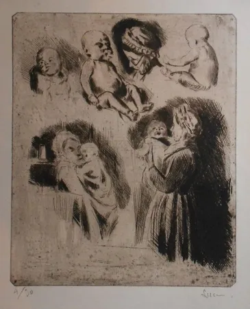 Drypoint Luce - Etudes de la tante Octavie et d'un bébé (grande planche)