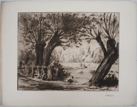 Drypoint Luce - Maximilien LUCE - Baigneurs, pécheurs et promeneurs Vers 1895 - Gravure originale signée
