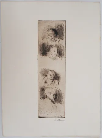 Drypoint Luce - Maximilien LUCE - La Fratrie (Etude de quatre enfants) Vers 1890 - Gravure originale signée