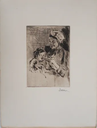 Drypoint Luce - Maximilien LUCE - La Nourrice et le nouveau-né Vers 1890 - Gravure originale signée