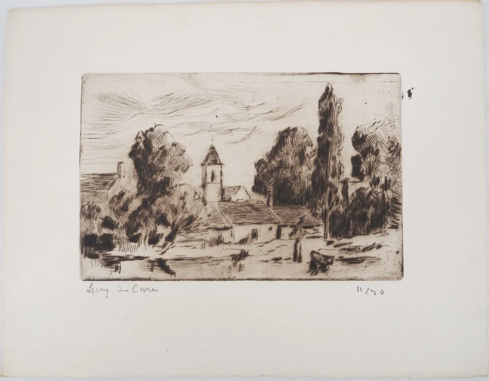 Drypoint Luce - Maximilien LUCE - Paysage champêtre ( village de Bessy-sur-Cure)  - Gravure originale signée