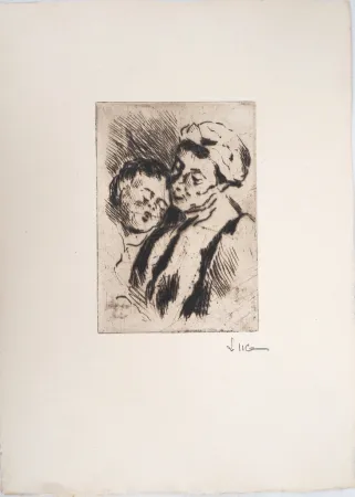 Drypoint Luce - Maximilien LUCE - Tendresse entre la grand-mère et l'enfant - Gravure originale signée