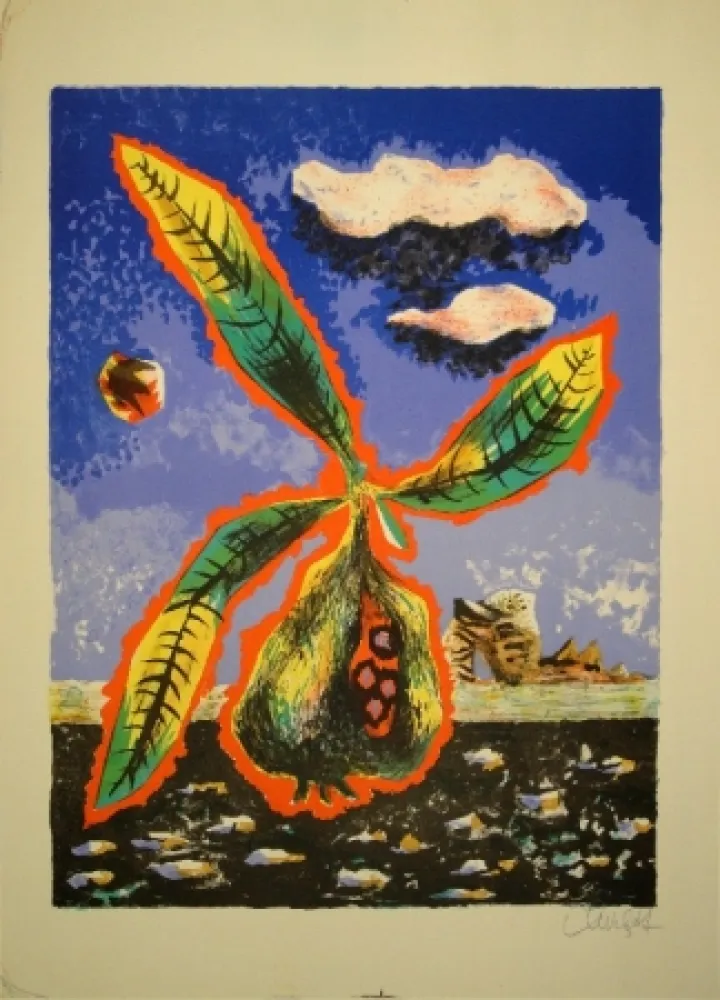 Lithograph Lurcat - Frucht mit Blättern in phantastischer Landschaft