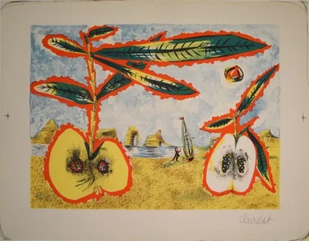 Lithograph Lurcat - Surreale Landschaft mit zwei halben Äpfeln, Zweig und Blättern