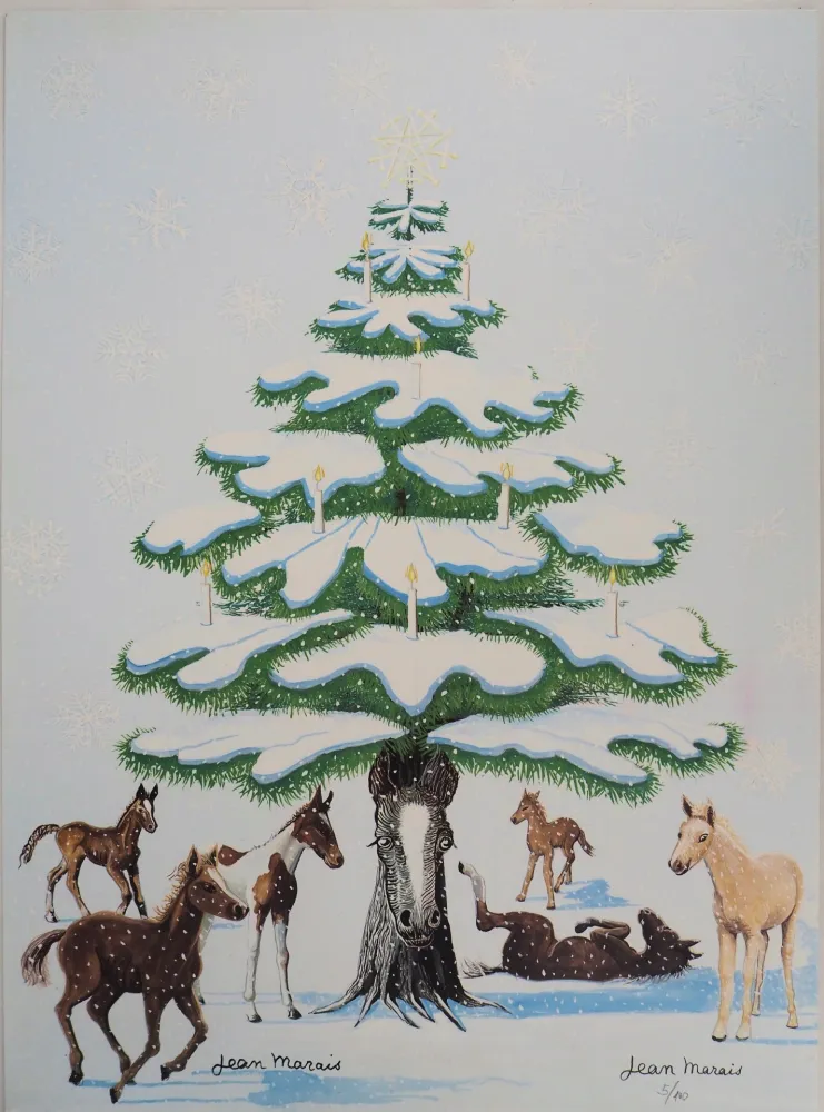 Lithograph Marais  - Sapin de Noel enneigé et Chevaux