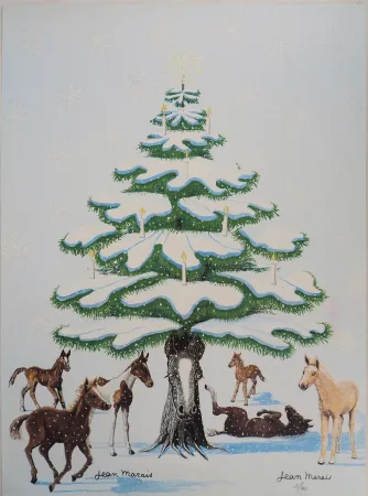 Lithograph Marais  - Sapin de Noel enneigé et Chevaux