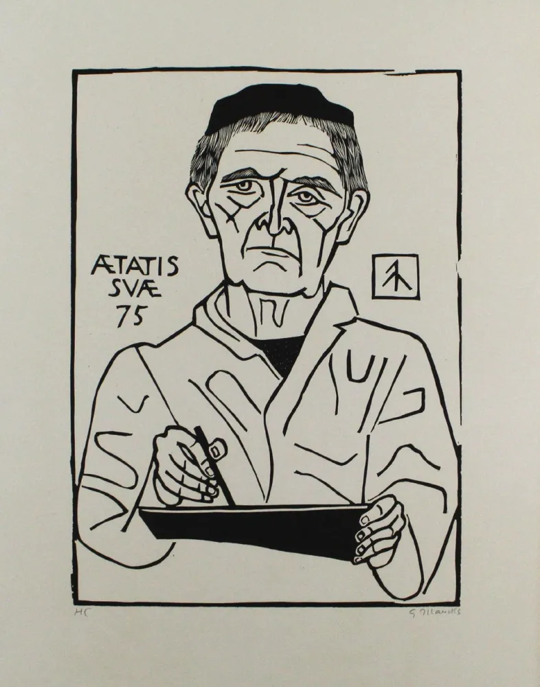 Linocut Marcks - Selbstbildnis von vorn (Halbfigur)