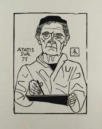 Linocut Marcks - Selbstbildnis von vorn (Halbfigur)