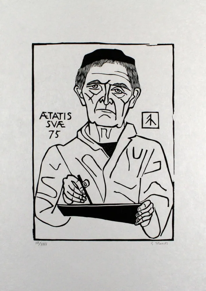 Linocut Marcks - Selbstbildnis von vorn (Halbfigur)