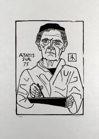 Linocut Marcks - Selbstbildnis von vorn (Halbfigur)