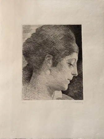 Etching Marcoussis - La mère de l'artiste, jeune, de profil