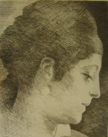 Etching Marcoussis - La mère de l'artiste, jeune, de profil