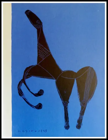 Lithograph Marini - CHEVAL SUR FOND BLEU