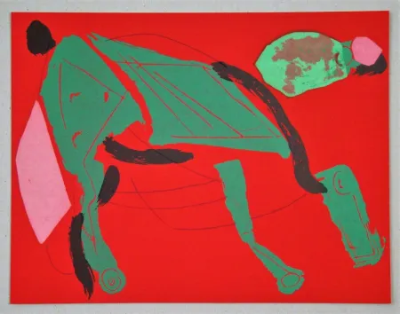 Lithograph Marini - Cheval sur fond rouge