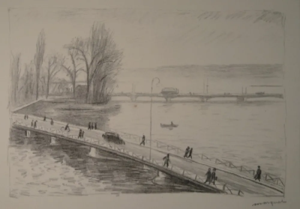 Engraving Marquet - Vue de deux Ponts (L'île Rousseau, Genève).