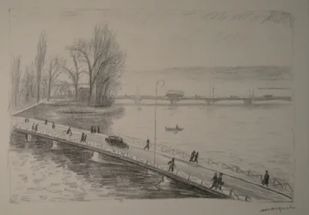 Engraving Marquet - Vue de deux Ponts (L'île Rousseau, Genève).