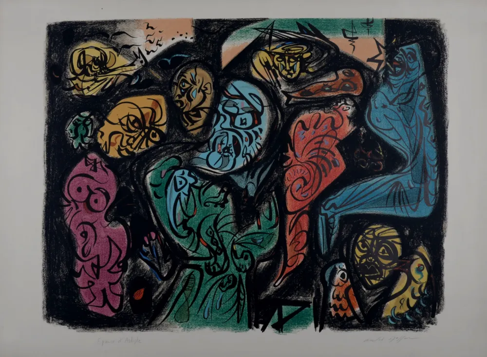 Lithograph Masson - Astres et visages, 1972 - Hand-signed