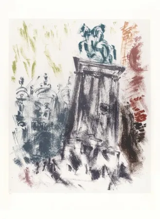 Lithograph Masson - Statue du Colleone le soir (Voyage à Venise)