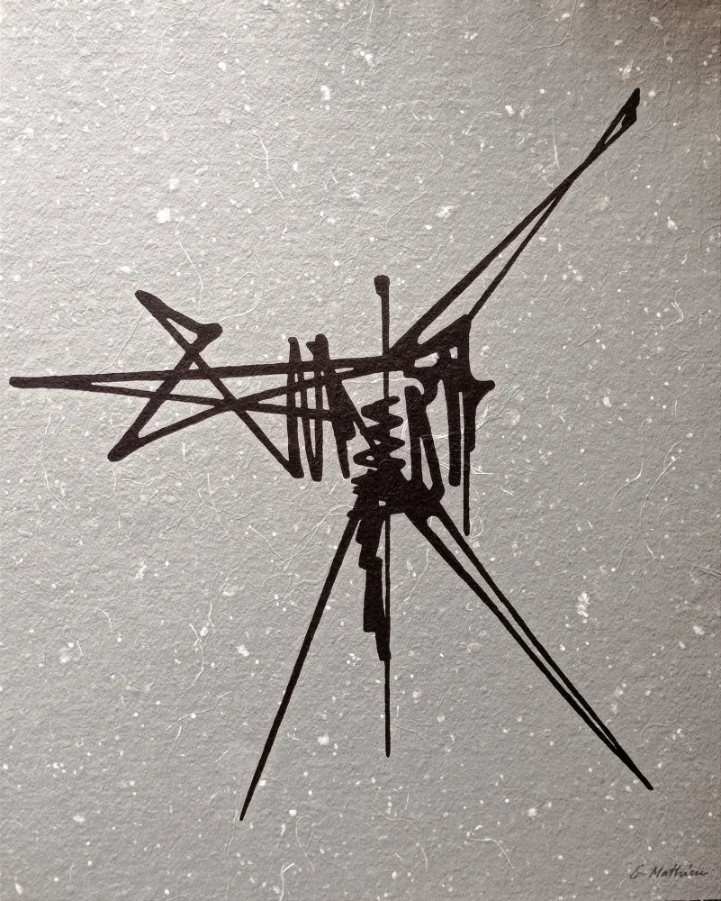 No Technical Mathieu - Abstract Composition, Beautiful Hand signed lithograph, black abstraction on grey background , Hand signed!