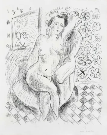 Lithograph Matisse - Nu au fauteuil sur fond moucharabieh (Nude in an Armchair, with a Mashrabiya Background)