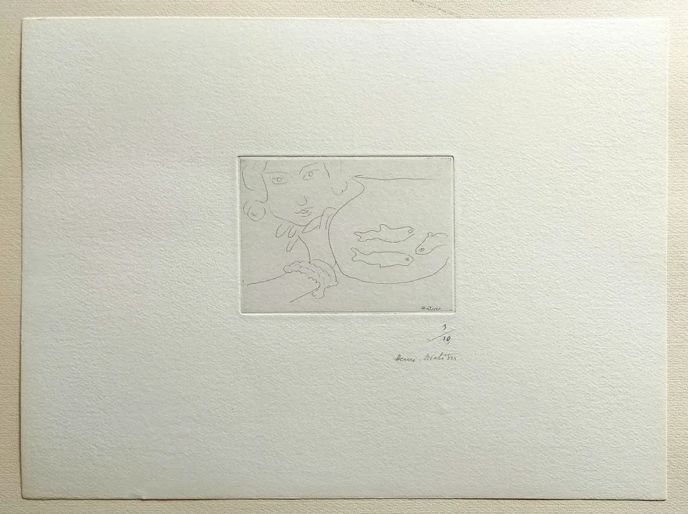 Engraving Matisse - Visage de jeune femme et bocal aux trois poissons