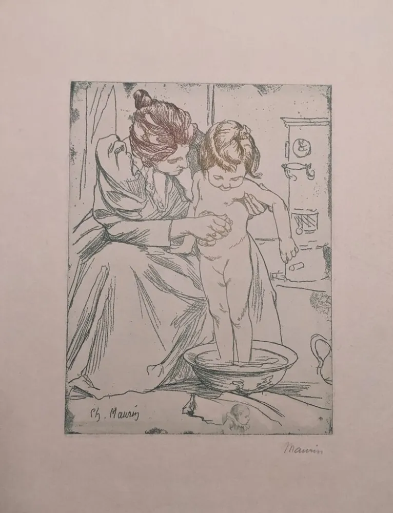 Etching Maurin - La toilette de l'enfant
