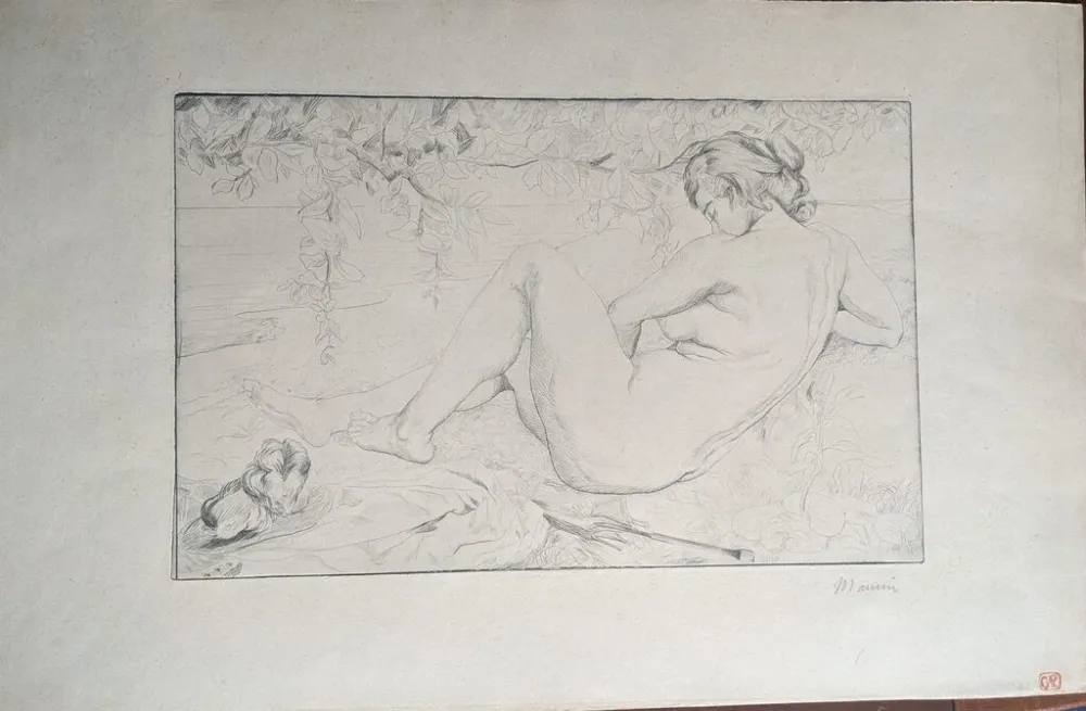 Drypoint Maurin - Nu allongé de dos