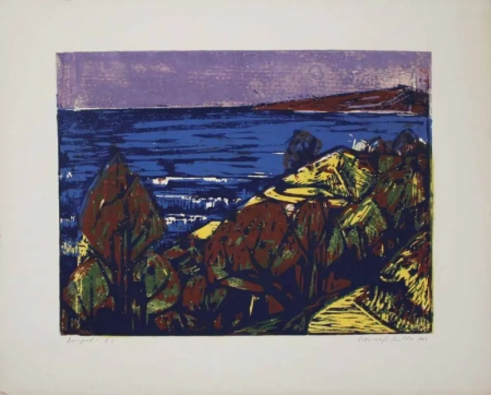 Linocut Mazsaroff - Aranypart (Golden Shore) (Lake Balaton)