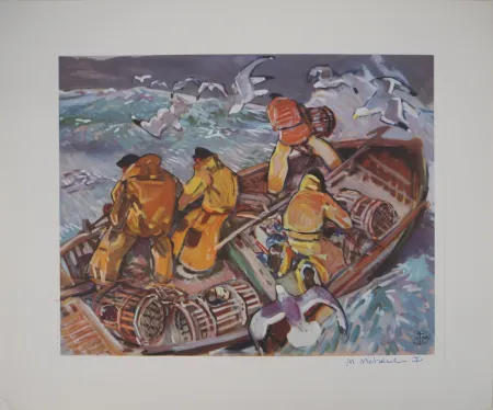 Rotogravure Méheut - Bretagne : La relève des casiers dans la tempête