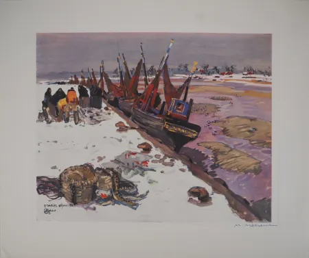 Rotogravure Méheut - Bretagne : Le Port d'Etaples sous la Neige