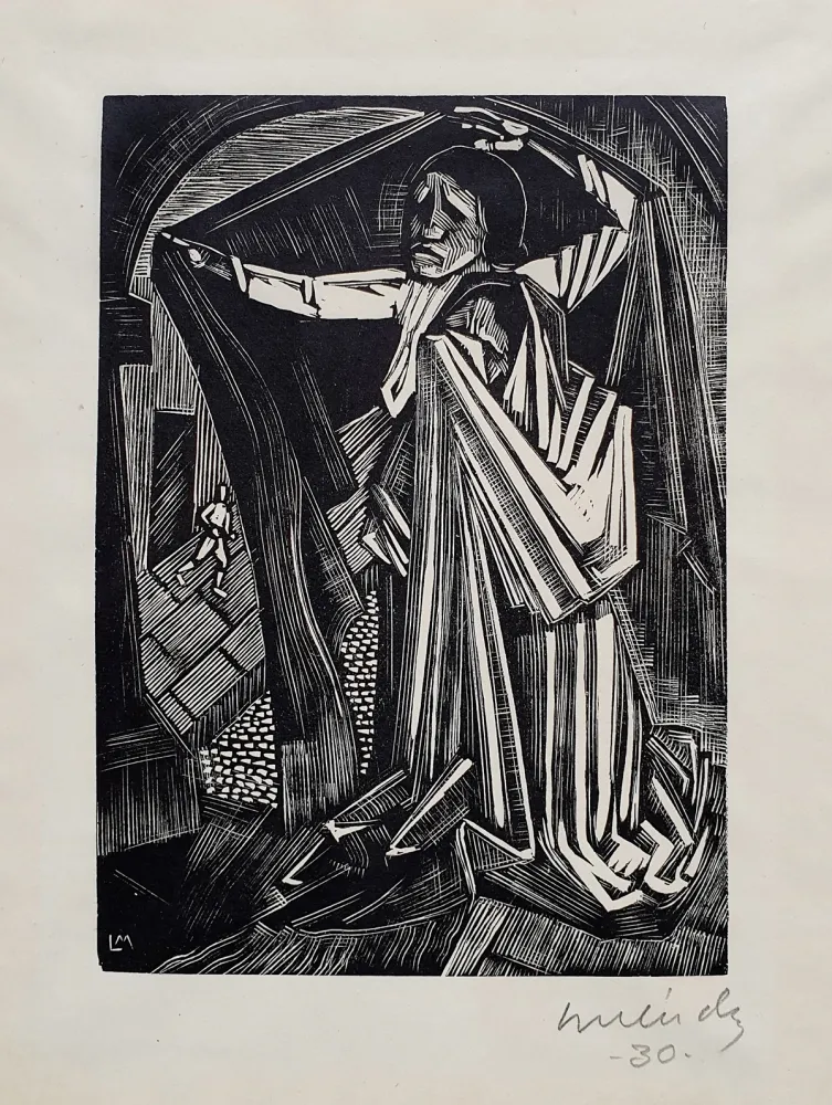 Woodcut Mendez - Orantes y lamentacíón (Praying and lamenting)