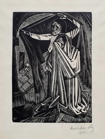 Woodcut Mendez - Orantes y lamentacíón (Praying and lamenting)