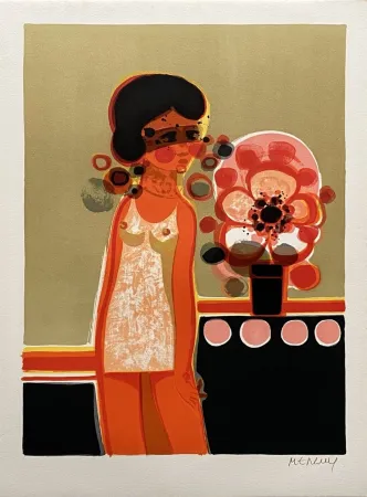 Lithograph Menguy - Pensive