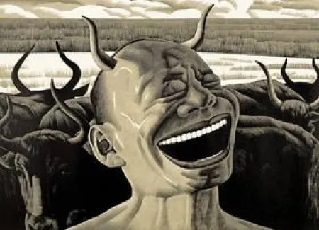 Woodcut Minjun - Laughing w/Horns