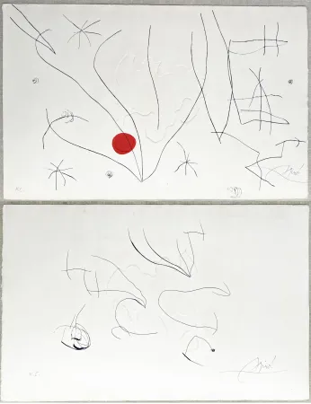 Etching And Aquatint Miró - L'ISSUE DÉROBÉE. Pointe sèche, aquatinte et gaufrage, signée à double face (1974)