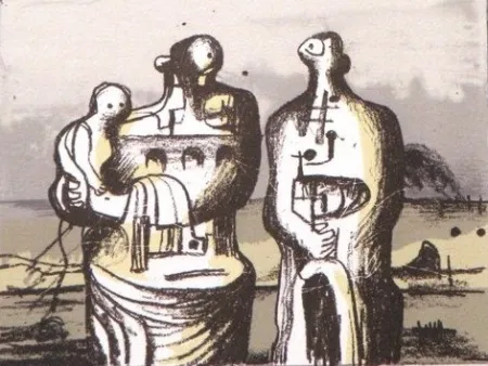 Lithograph Moore - Group in industrial landscape C. 418