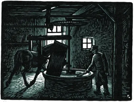 Woodcut Moreau - LA MEULE A BLE / CORN MILLSTONE - Bretagne / Brittany - France - 1908
