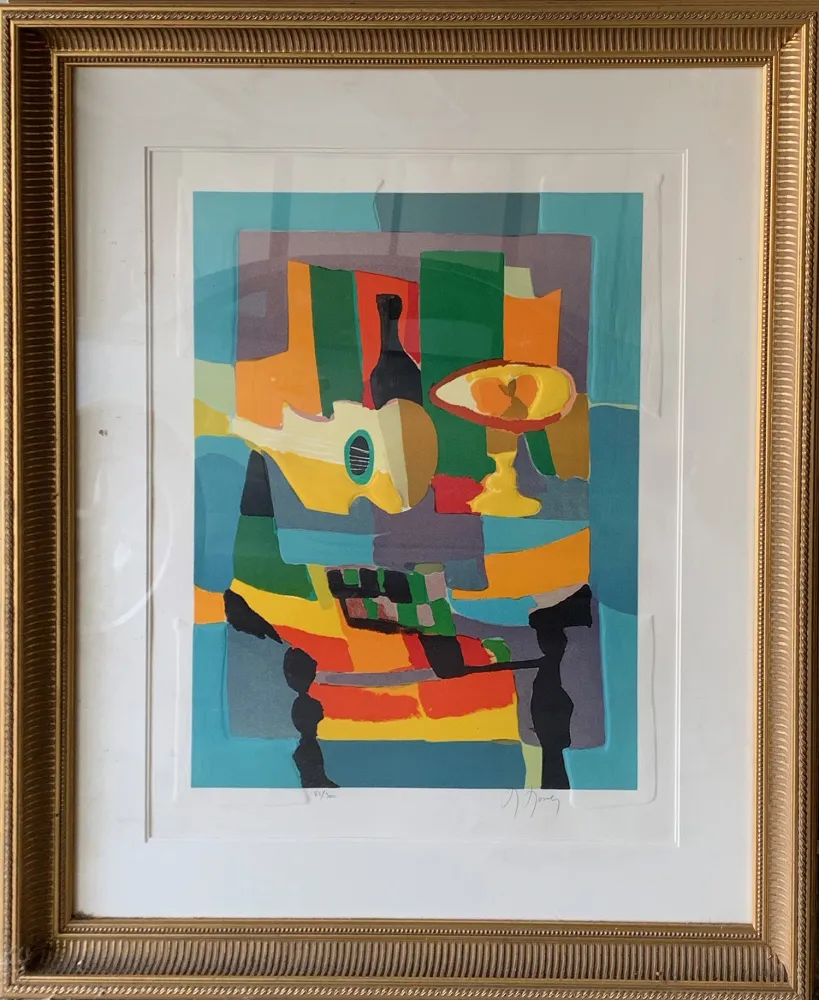 Etching And Aquatint Mouly - Blue Still Life with Guitar