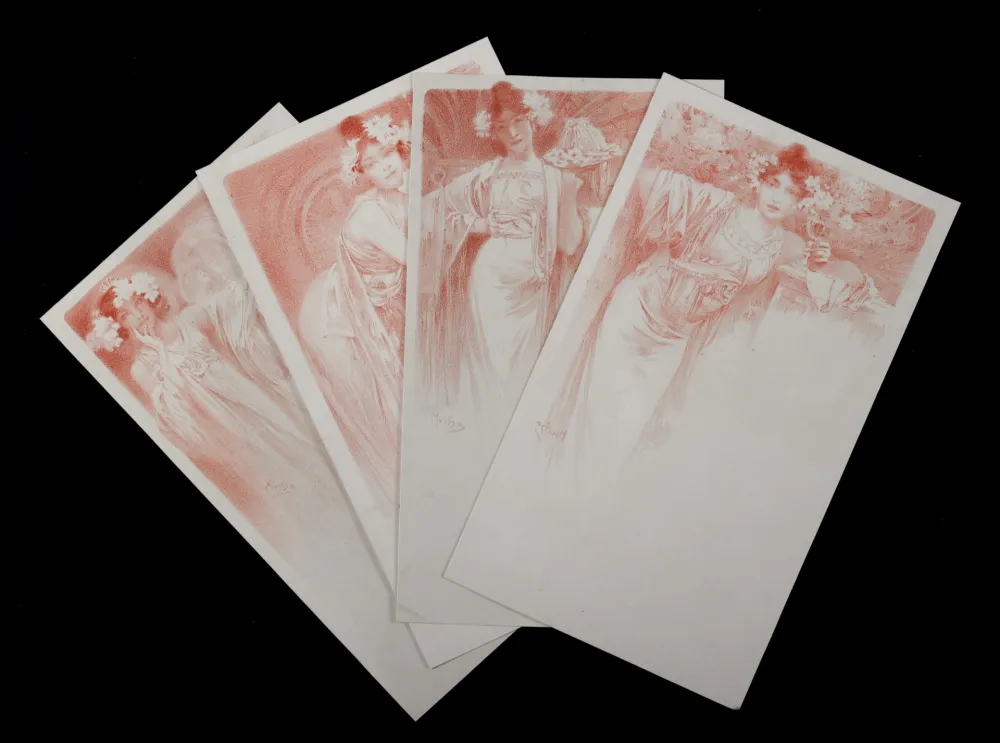 Lithograph Mucha - 4 Menus, c. 1900 (women presenting desserts, a cup and a woman leaning)
