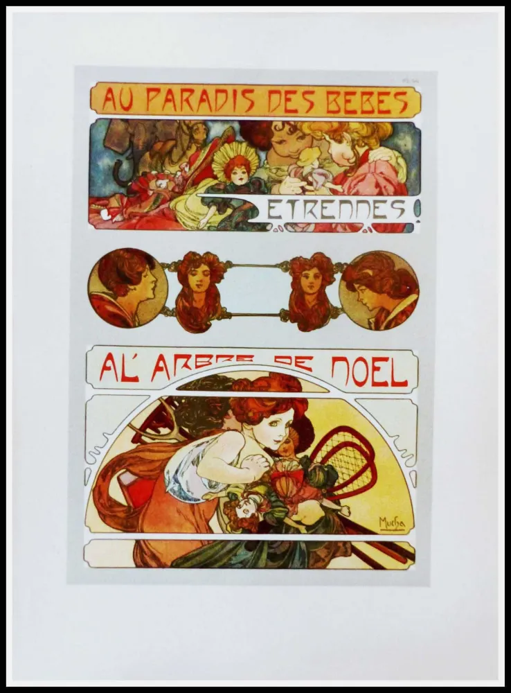 Lithograph Mucha - Au paradis des Bébés, Etrennes, à l'arbre de Noël